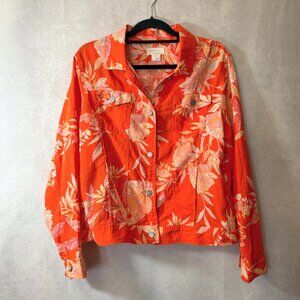 Cynthia Rowley Orange Floral Print 100% Linen Jacket Size L